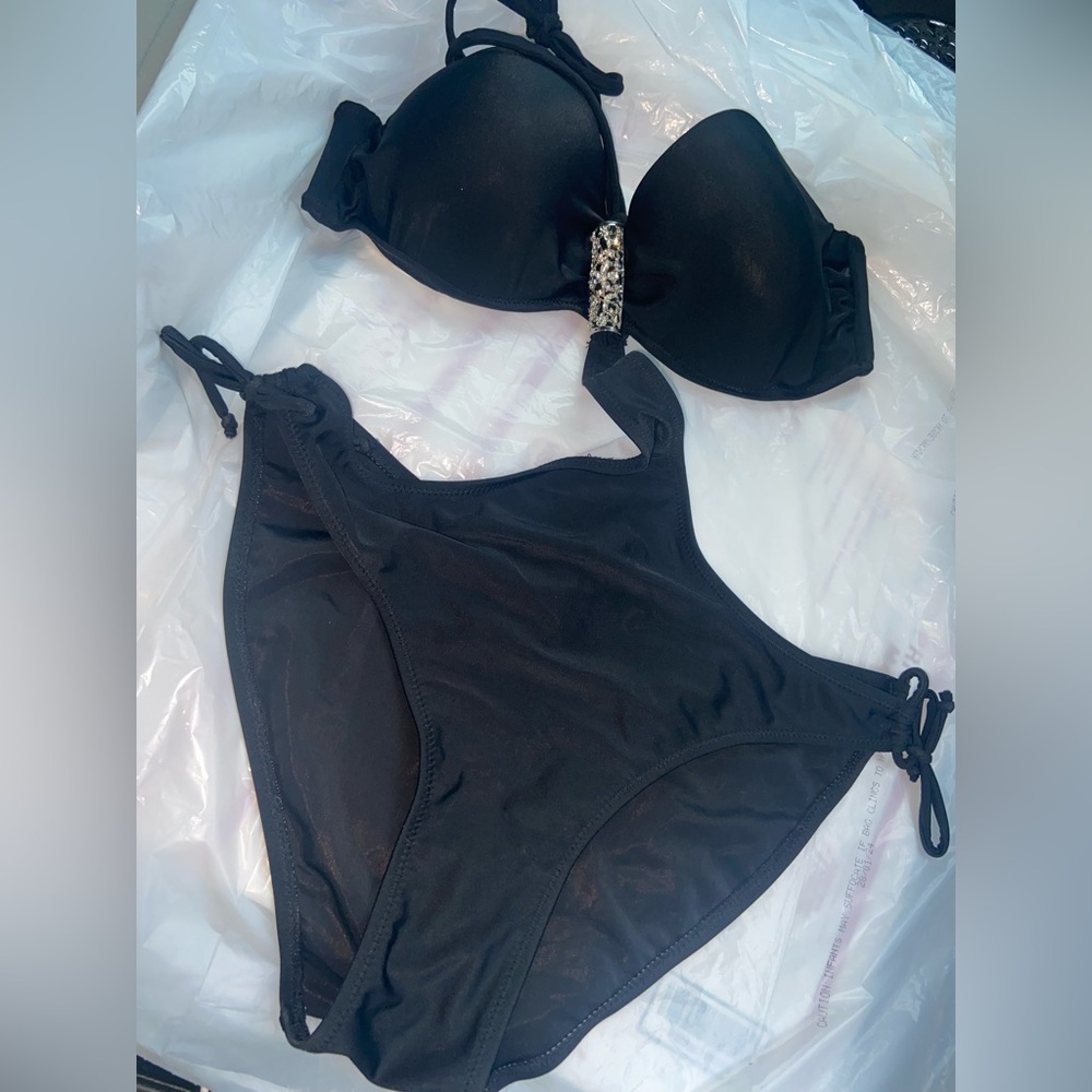 Elegant Black Bikini with Crystal Details